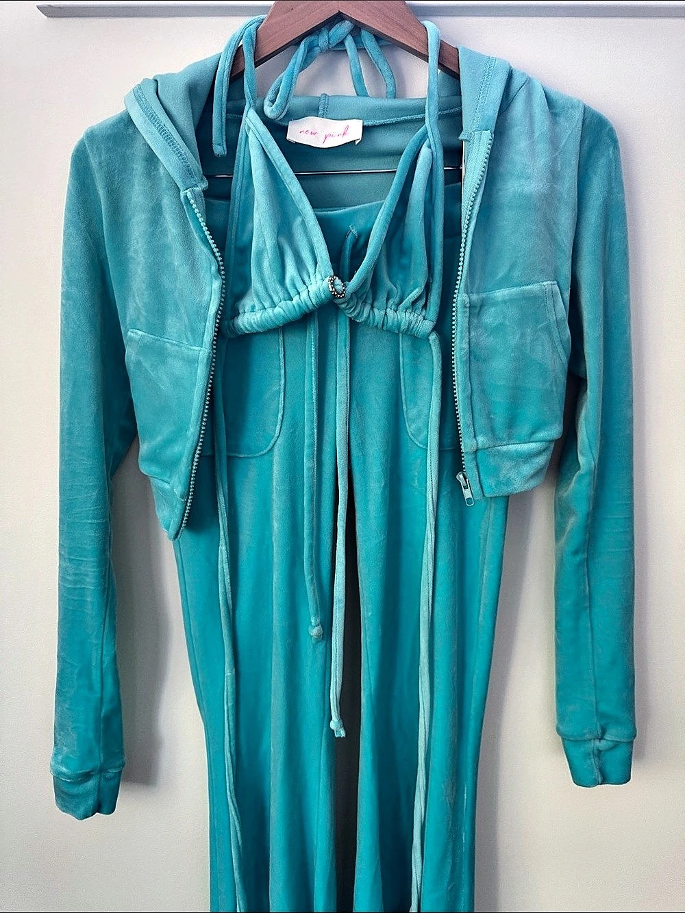 New Pink Velour 3-Piece Crop Top Set in Blue